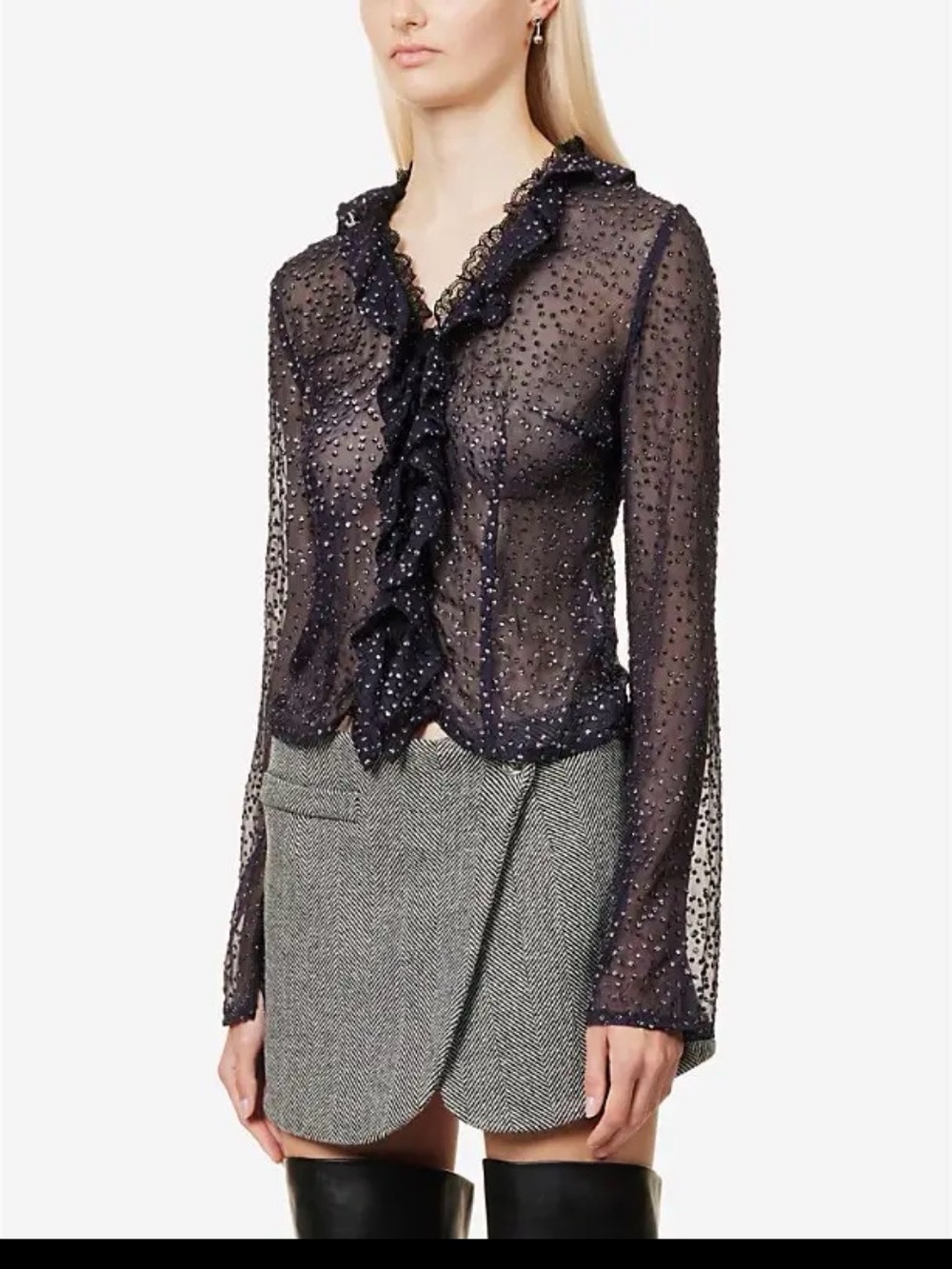 Coperni Black Sheer Ruffle Dot Blouse